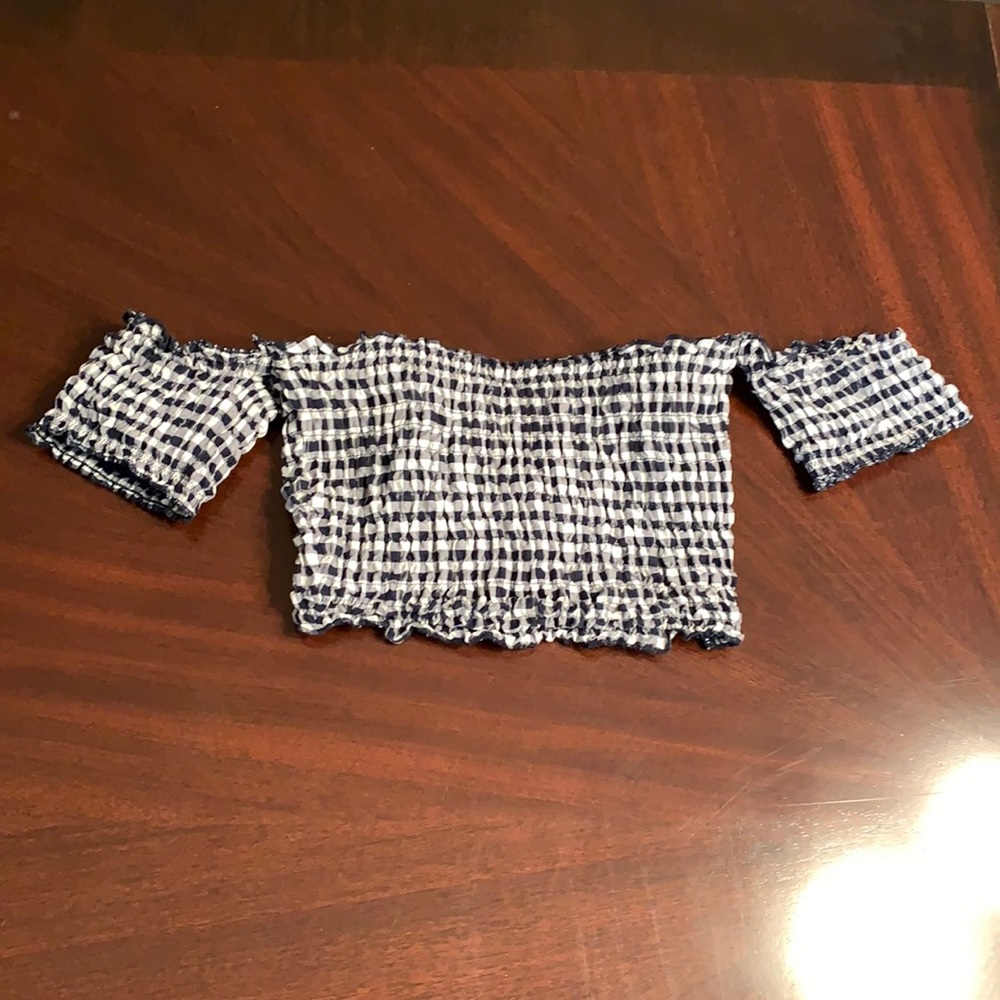 VS Smocked gingham off shoulder crop top